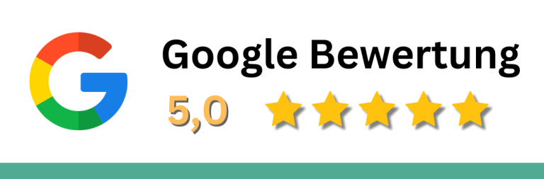 Google Bewertung mit 5,0 Sternen. Google Bewertung mit fünf goldenen Sternen und der Note 5,0.